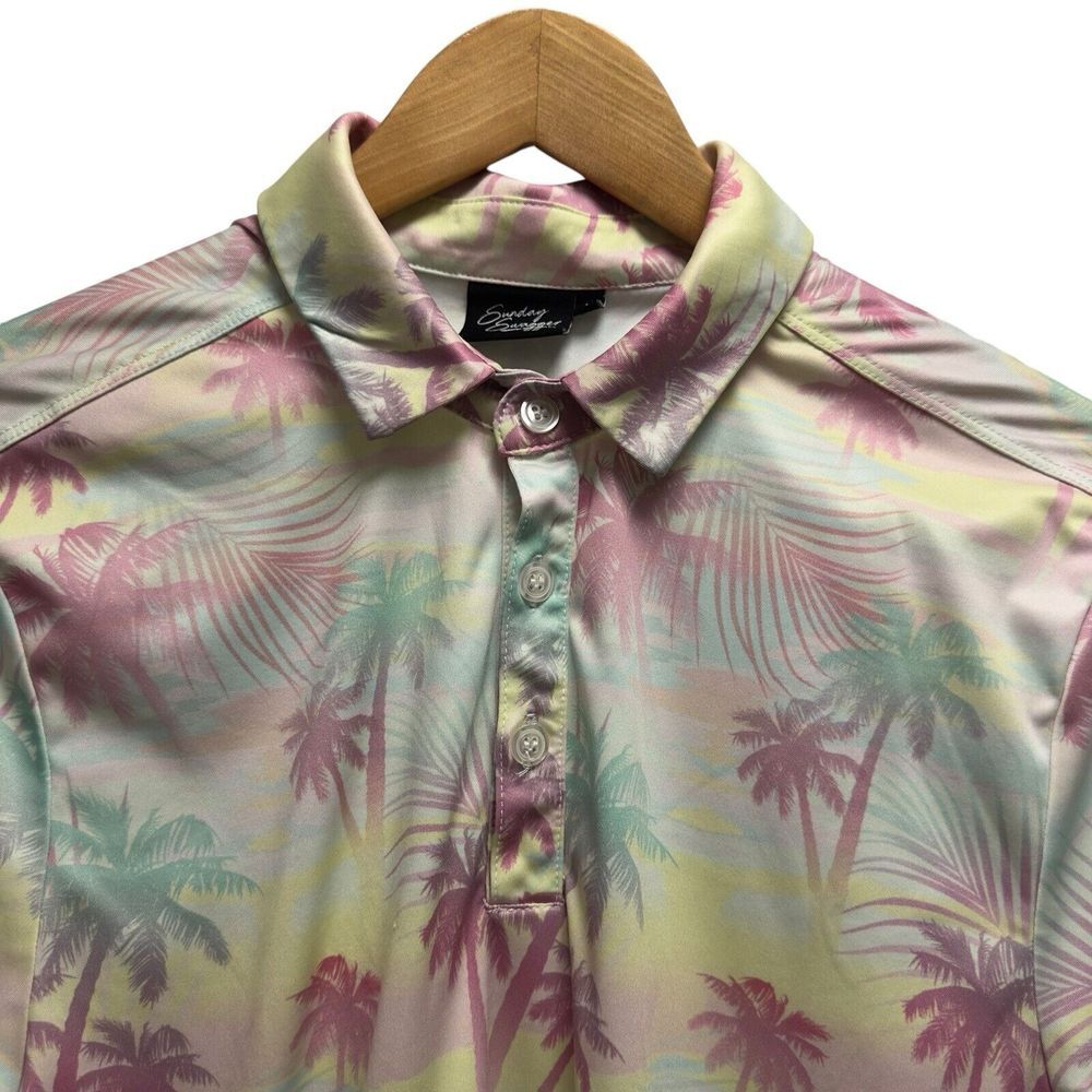 Sunday Swagger Men's Sz M Hawaiian Golf Polo Pastel Yellow/Pink/Green Palm Trees